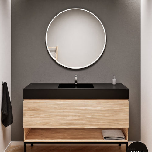 Aurora Single Set with Supporting Legs – Corian Basin & Countertop with 1 Drawer Vanity & Bottom Shelf - ROVALUX