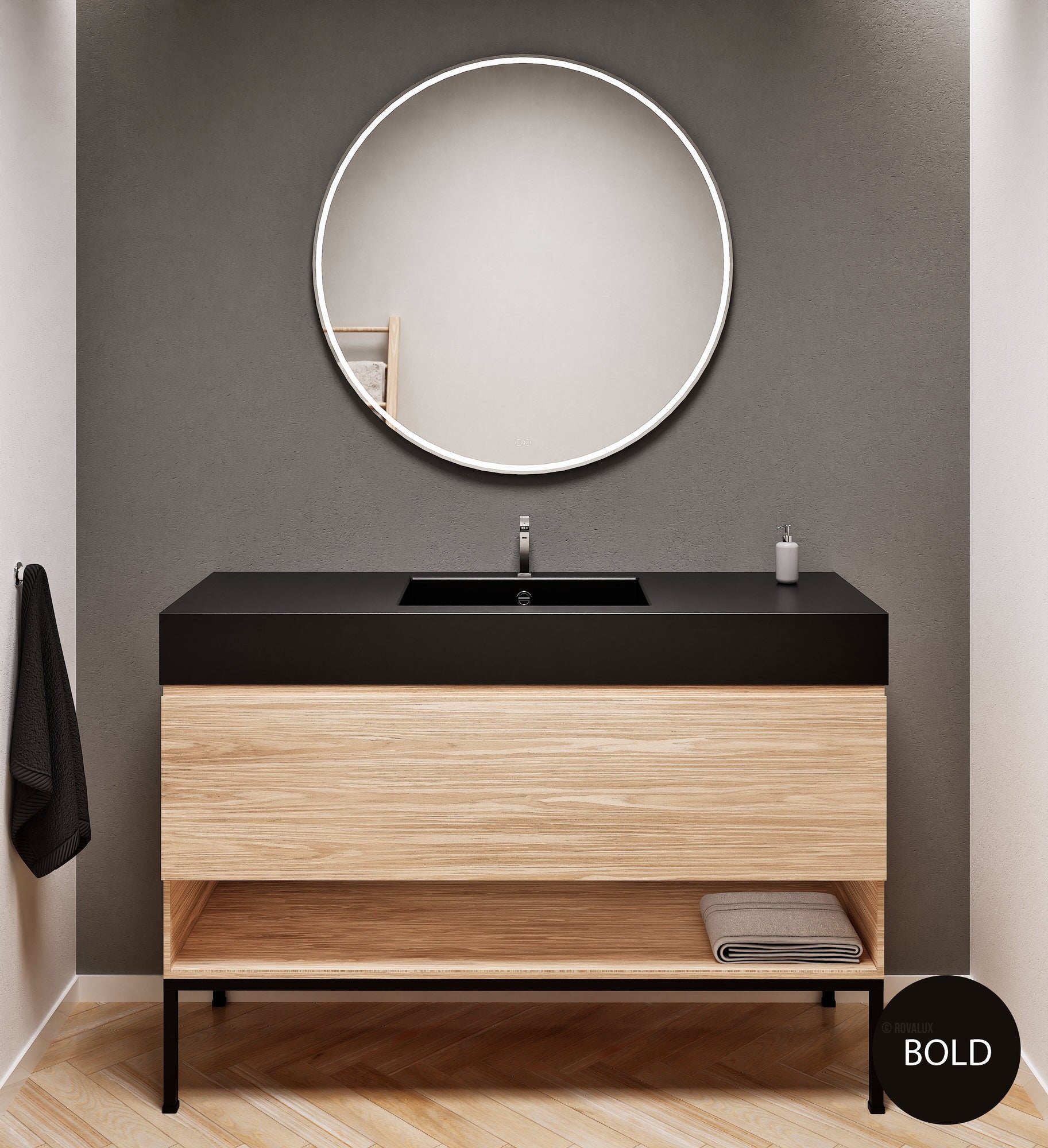 Aurora Single Set with Supporting Legs – Corian Basin & Countertop with 1 Drawer Vanity & Bottom Shelf - ROVALUX