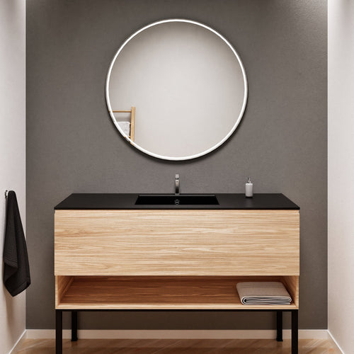 Aurora Single Set with Supporting Legs – Corian Basin & Countertop with 1 Drawer Vanity & Bottom Shelf - ROVALUX