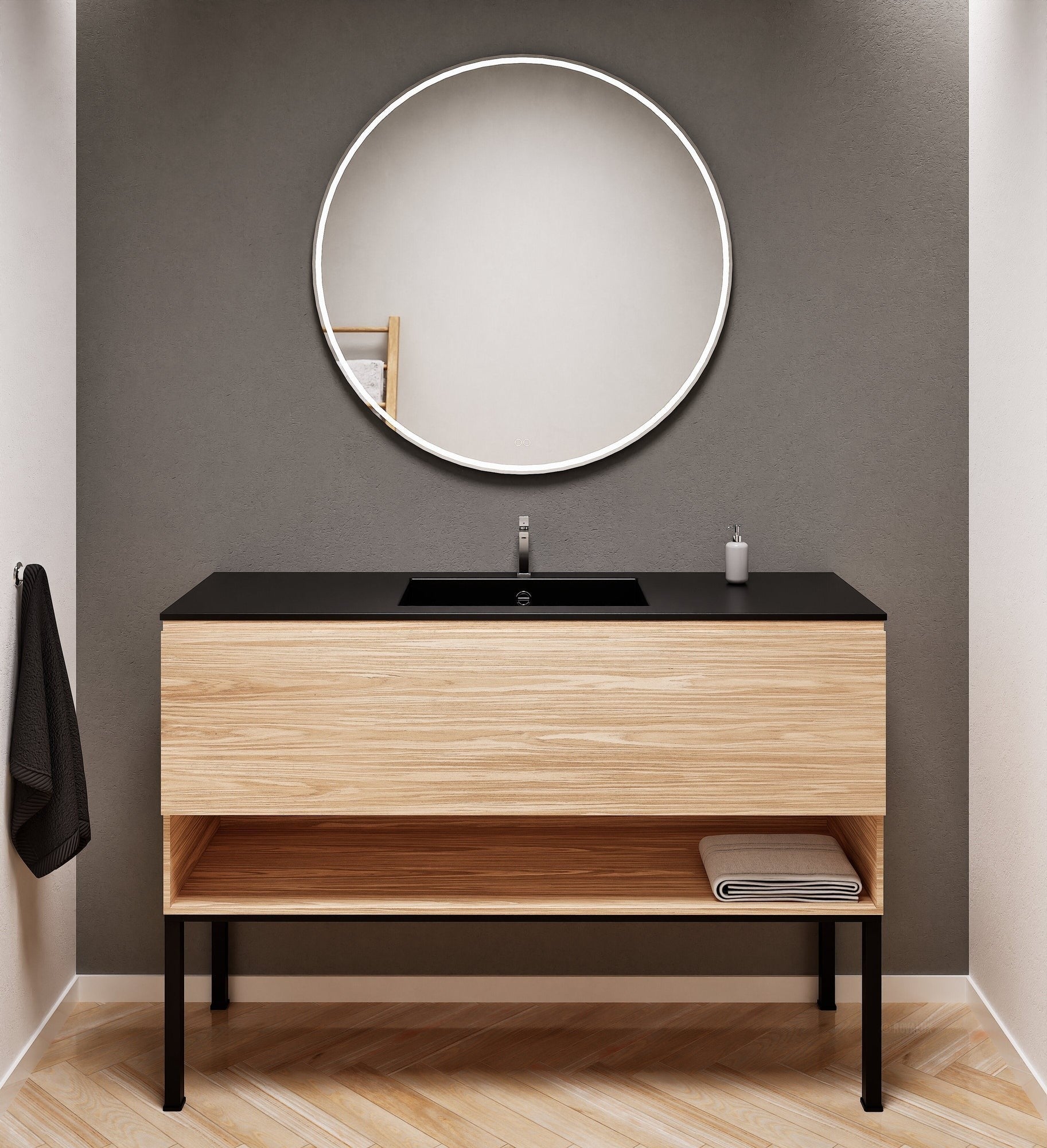 Aurora Single Set with Supporting Legs – Corian Basin & Countertop with 1 Drawer Vanity & Bottom Shelf - ROVALUX