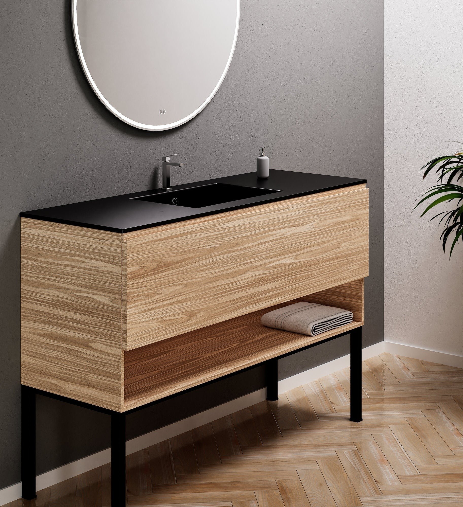 Aurora Single Set with Supporting Legs – Corian Basin & Countertop with 1 Drawer Vanity & Bottom Shelf - ROVALUX