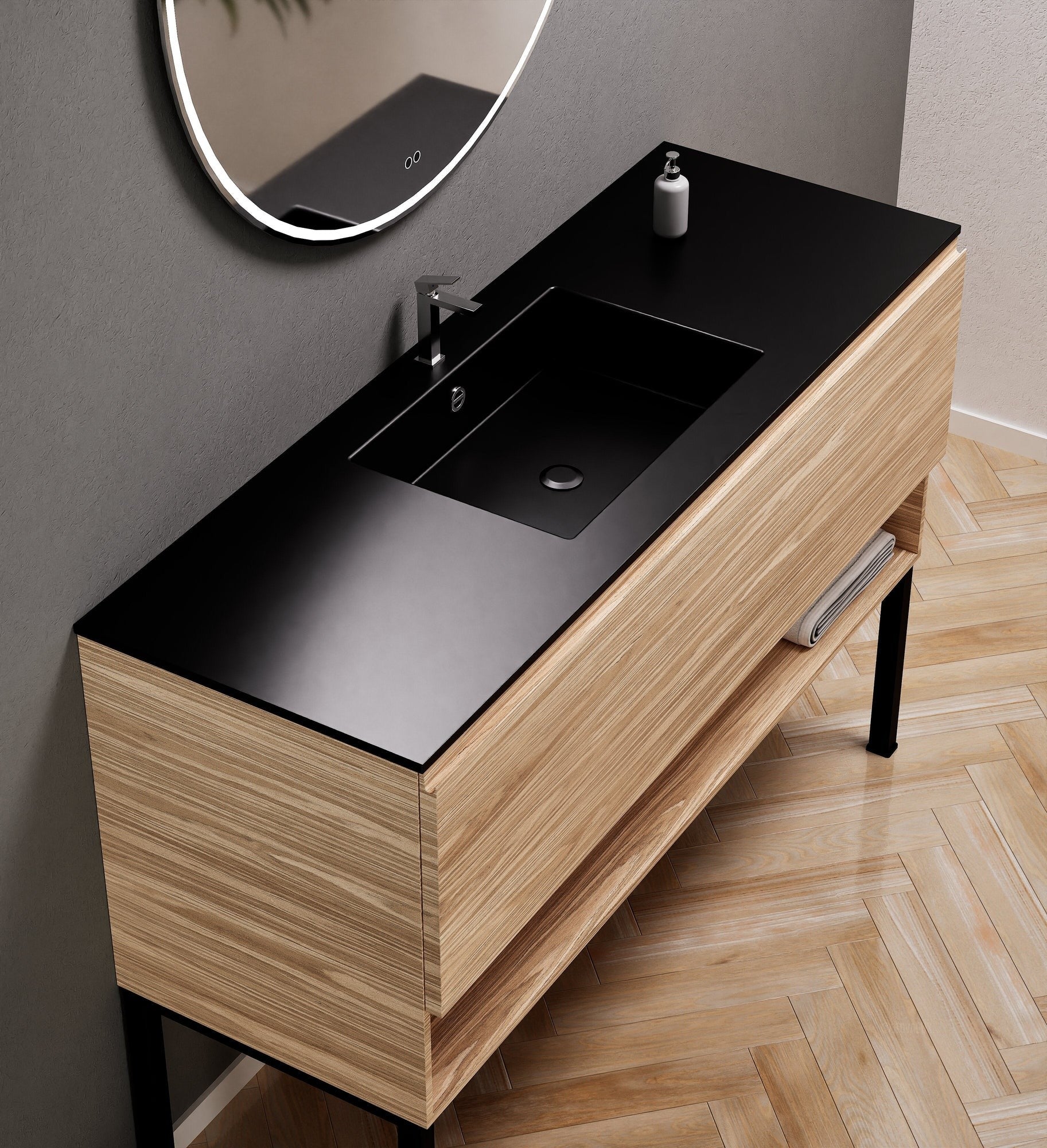 Aurora Single Set with Supporting Legs – Corian Basin & Countertop with 1 Drawer Vanity & Bottom Shelf - ROVALUX
