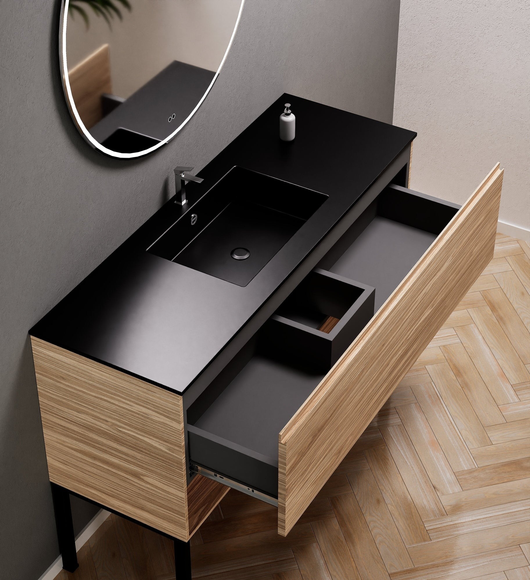 Aurora Single Set with Supporting Legs – Corian Basin & Countertop with 1 Drawer Vanity & Bottom Shelf - ROVALUX