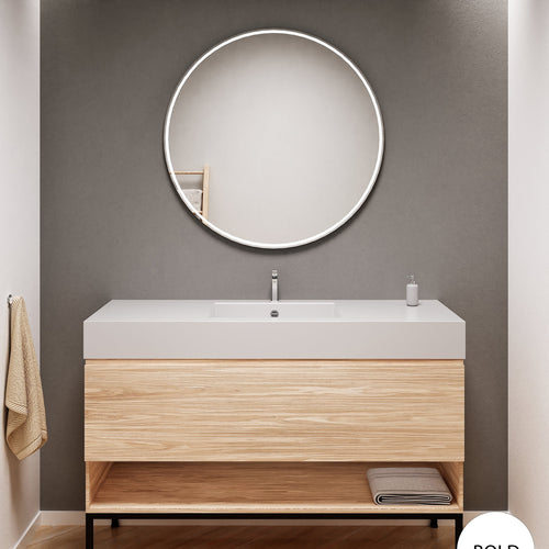 Aurora Single Set with Supporting Legs – Corian Basin & Countertop with 1 Drawer Vanity & Bottom Shelf - ROVALUX