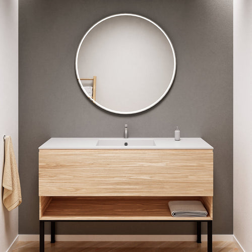Aurora Single Set with Supporting Legs – Corian Basin & Countertop with 1 Drawer Vanity & Bottom Shelf - ROVALUX