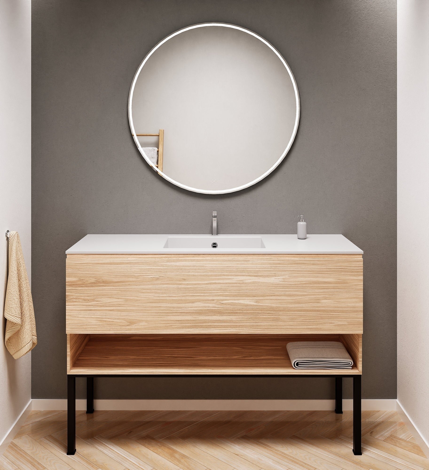 Aurora Single Set with Supporting Legs – Corian Basin & Countertop with 1 Drawer Vanity & Bottom Shelf - ROVALUX