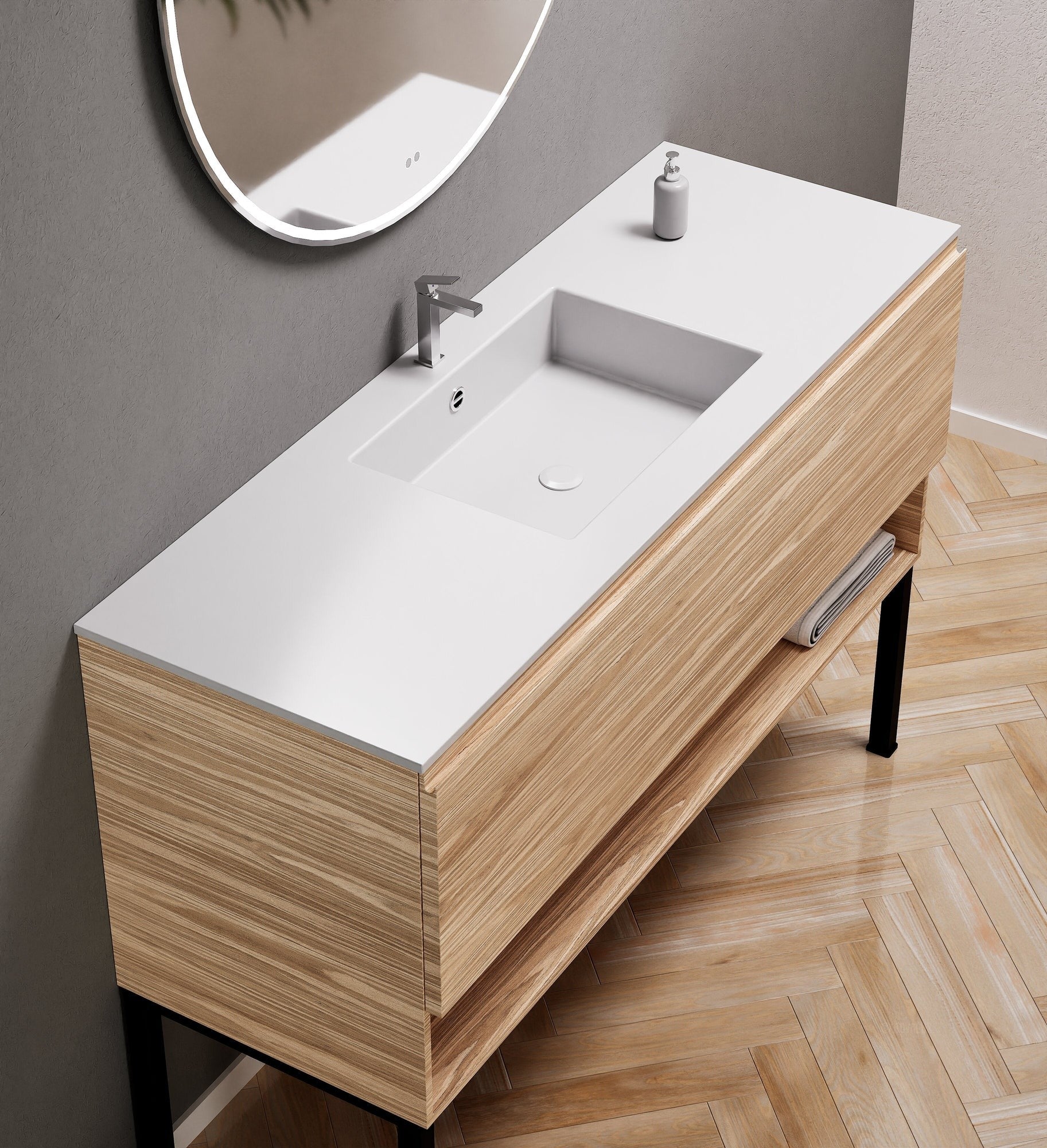Aurora Single Set with Supporting Legs – Corian Basin & Countertop with 1 Drawer Vanity & Bottom Shelf - ROVALUX