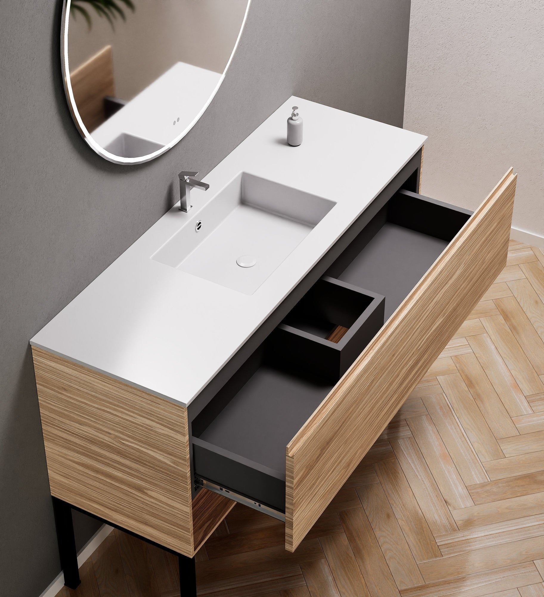 Aurora Single Set with Supporting Legs – Corian Basin & Countertop with 1 Drawer Vanity & Bottom Shelf - ROVALUX