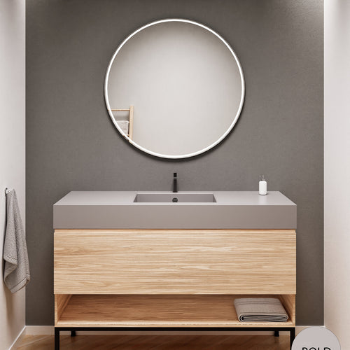 Aurora Single Set with Supporting Legs – Corian Basin & Countertop with 1 Drawer Vanity & Bottom Shelf - ROVALUX