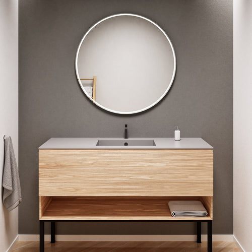 Aurora Single Set with Supporting Legs – Corian Basin & Countertop with 1 Drawer Vanity & Bottom Shelf - ROVALUX