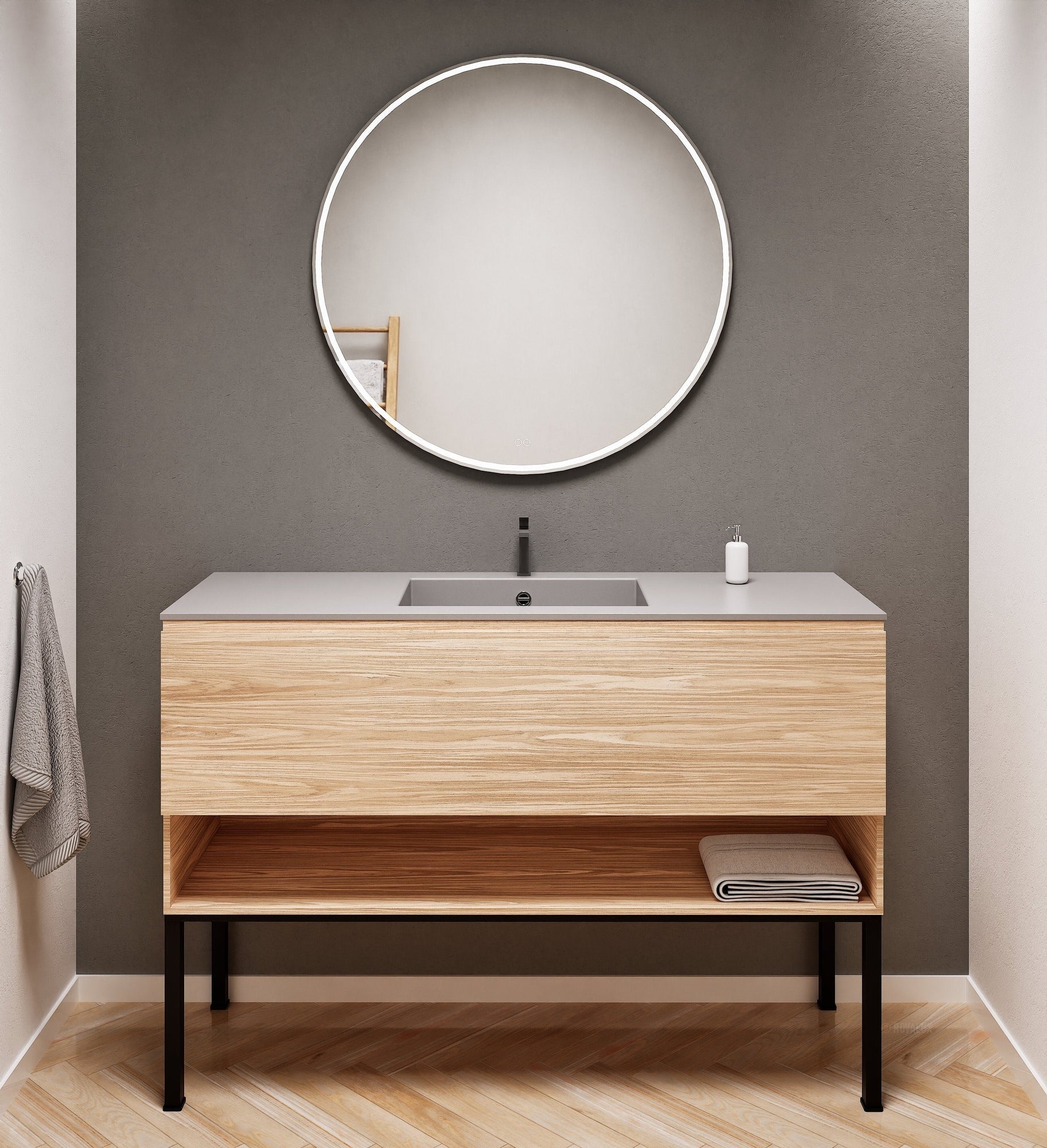 Aurora Single Set with Supporting Legs – Corian Basin & Countertop with 1 Drawer Vanity & Bottom Shelf - ROVALUX
