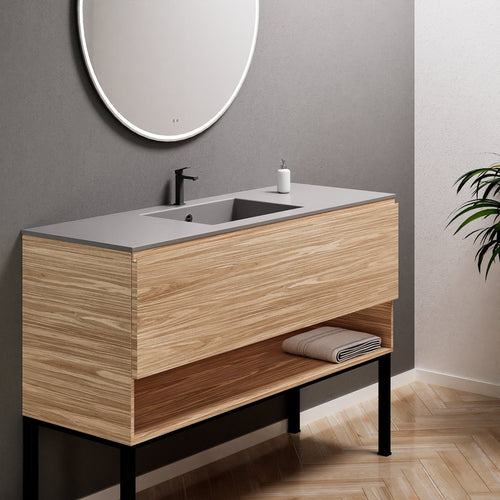 Aurora Single Set with Supporting Legs – Corian Basin & Countertop with 1 Drawer Vanity & Bottom Shelf - ROVALUX