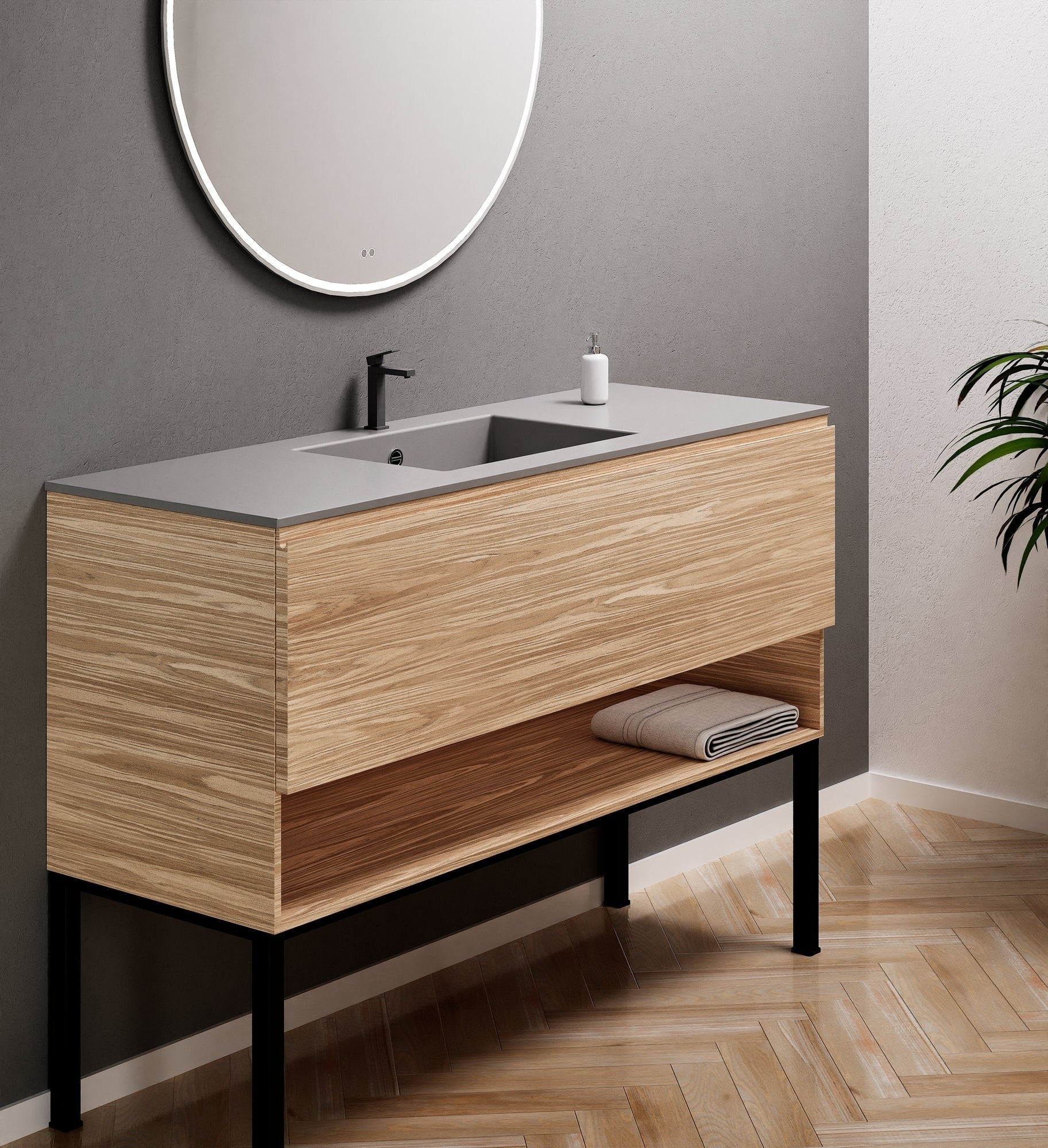 Aurora Single Set with Supporting Legs – Corian Basin & Countertop with 1 Drawer Vanity & Bottom Shelf - ROVALUX