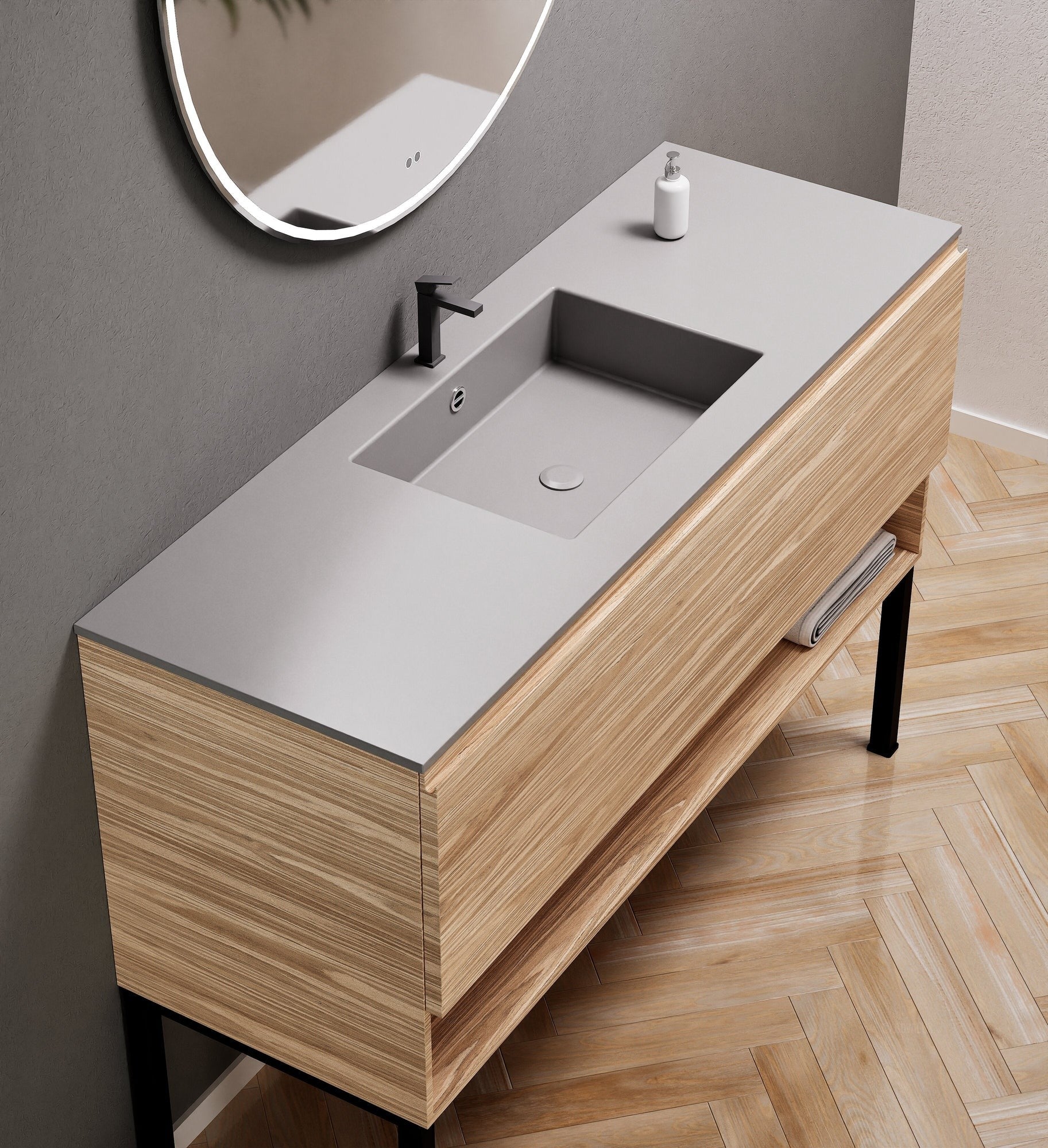 Aurora Single Set with Supporting Legs – Corian Basin & Countertop with 1 Drawer Vanity & Bottom Shelf - ROVALUX