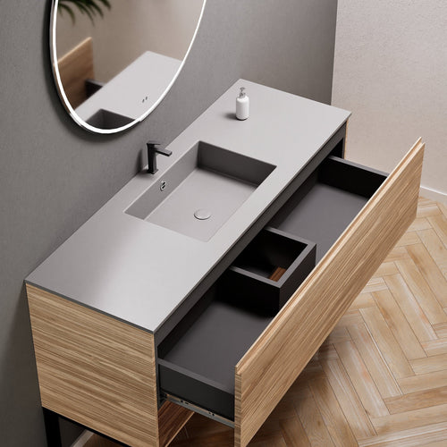 Aurora Single Set with Supporting Legs – Corian Basin & Countertop with 1 Drawer Vanity & Bottom Shelf - ROVALUX
