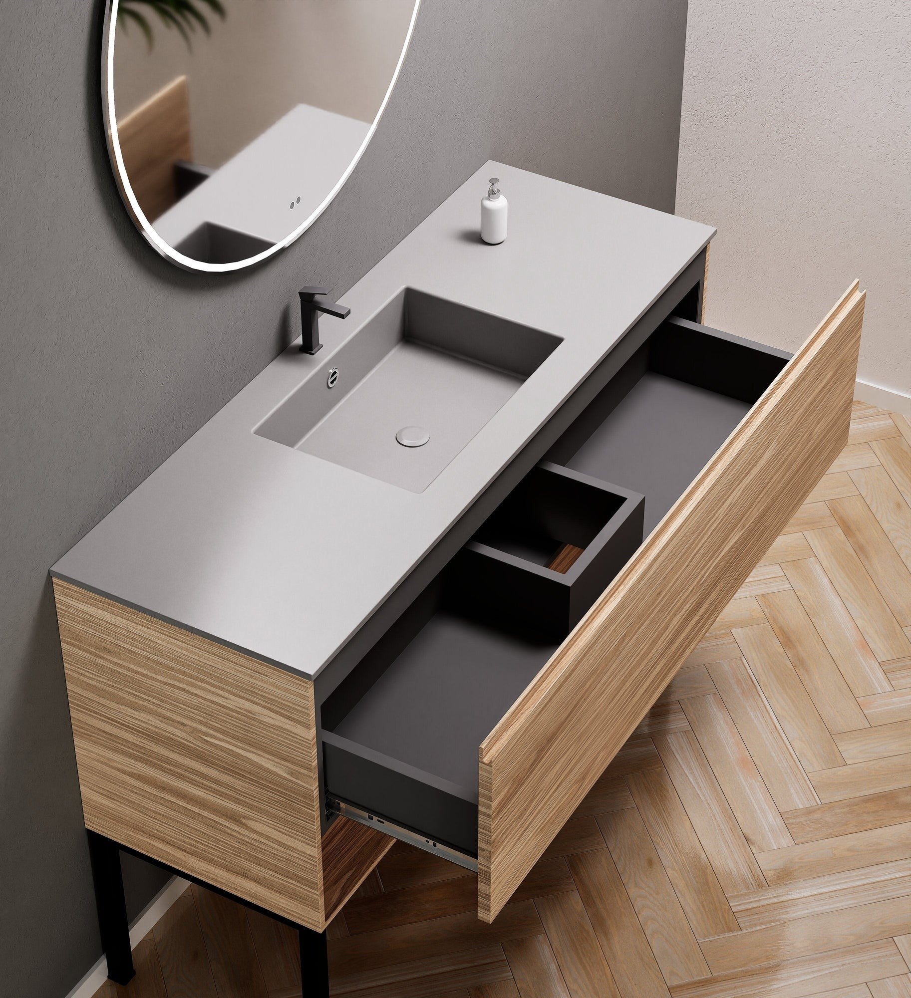 Aurora Single Set with Supporting Legs – Corian Basin & Countertop with 1 Drawer Vanity & Bottom Shelf - ROVALUX