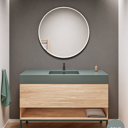 Aurora Single Set with Supporting Legs – Corian Basin & Countertop with 1 Drawer Vanity & Bottom Shelf - ROVALUX