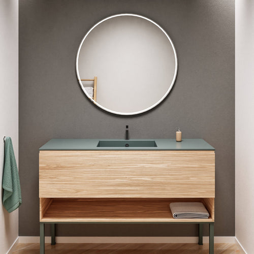 Aurora Single Set with Supporting Legs – Corian Basin & Countertop with 1 Drawer Vanity & Bottom Shelf - ROVALUX