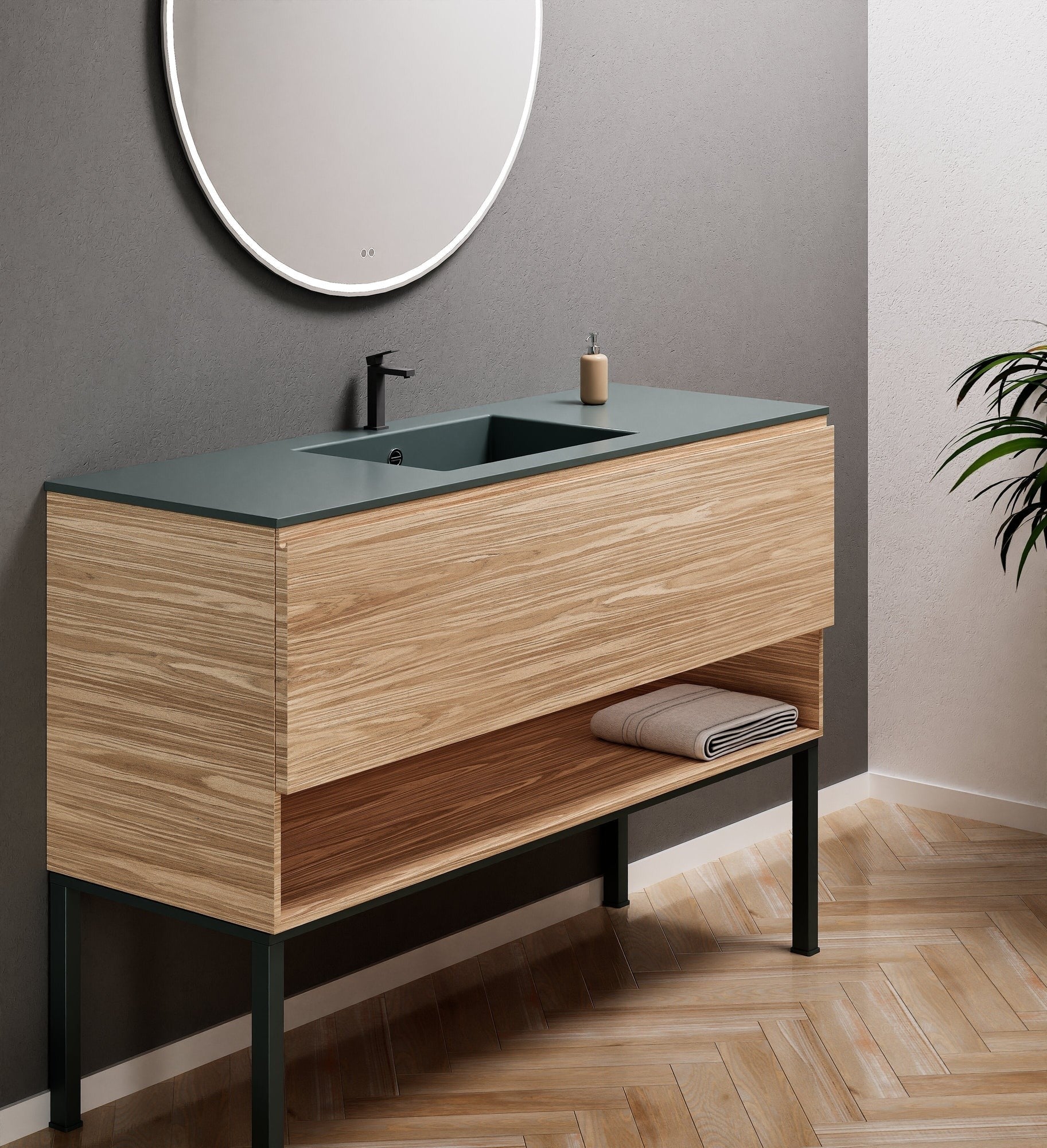 Aurora Single Set with Supporting Legs – Corian Basin & Countertop with 1 Drawer Vanity & Bottom Shelf - ROVALUX