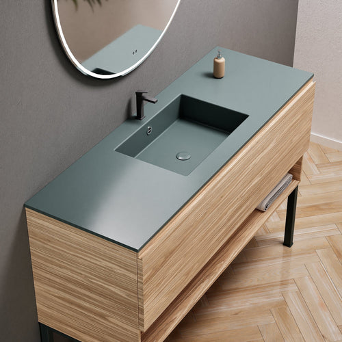Aurora Single Set with Supporting Legs – Corian Basin & Countertop with 1 Drawer Vanity & Bottom Shelf - ROVALUX