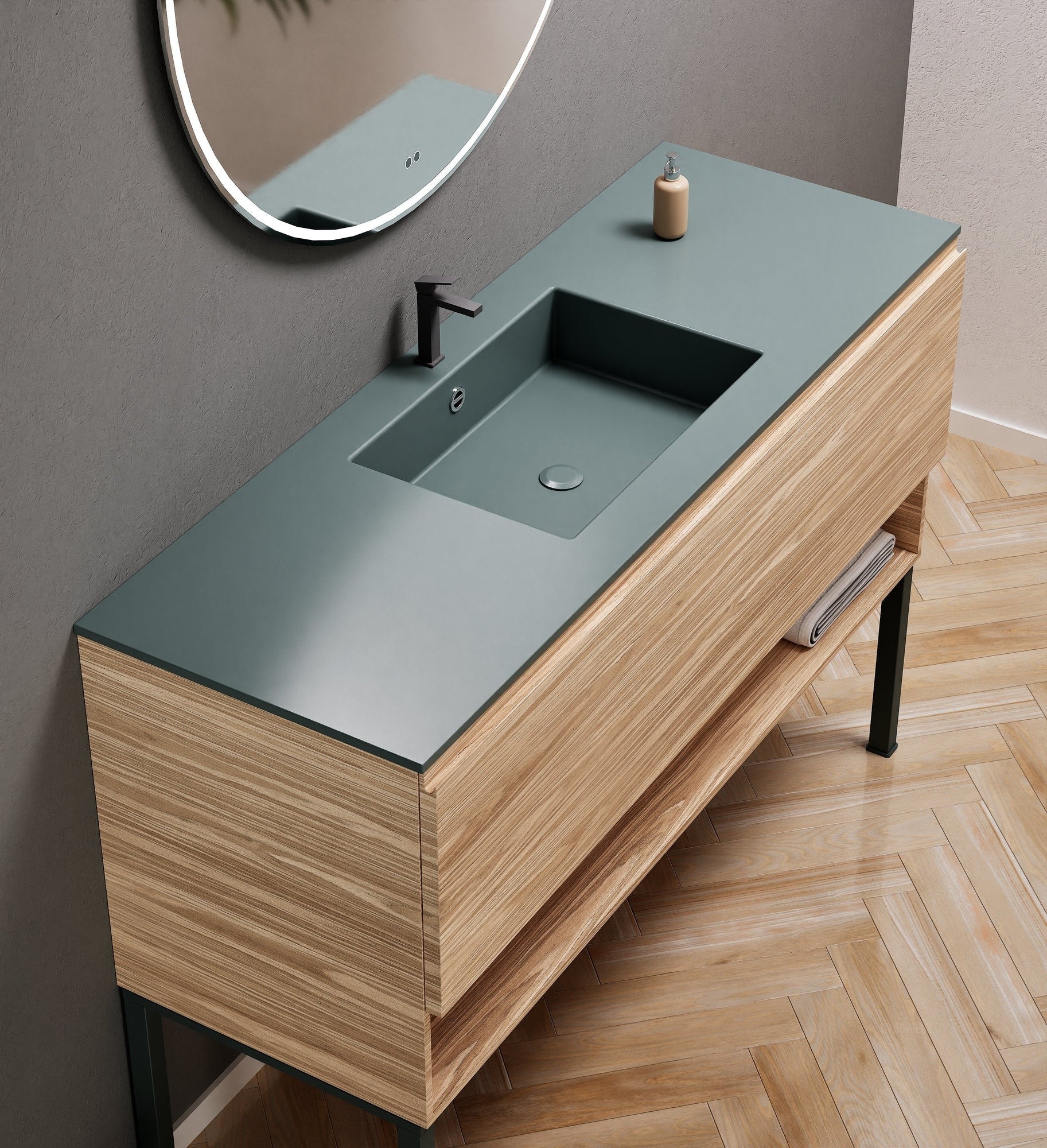 Aurora Single Set with Supporting Legs – Corian Basin & Countertop with 1 Drawer Vanity & Bottom Shelf - ROVALUX
