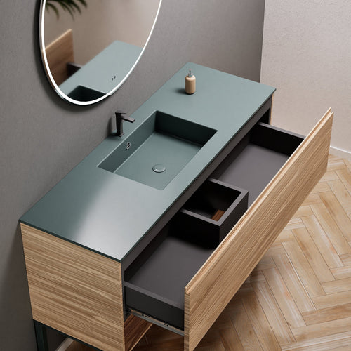 Aurora Single Set with Supporting Legs – Corian Basin & Countertop with 1 Drawer Vanity & Bottom Shelf - ROVALUX