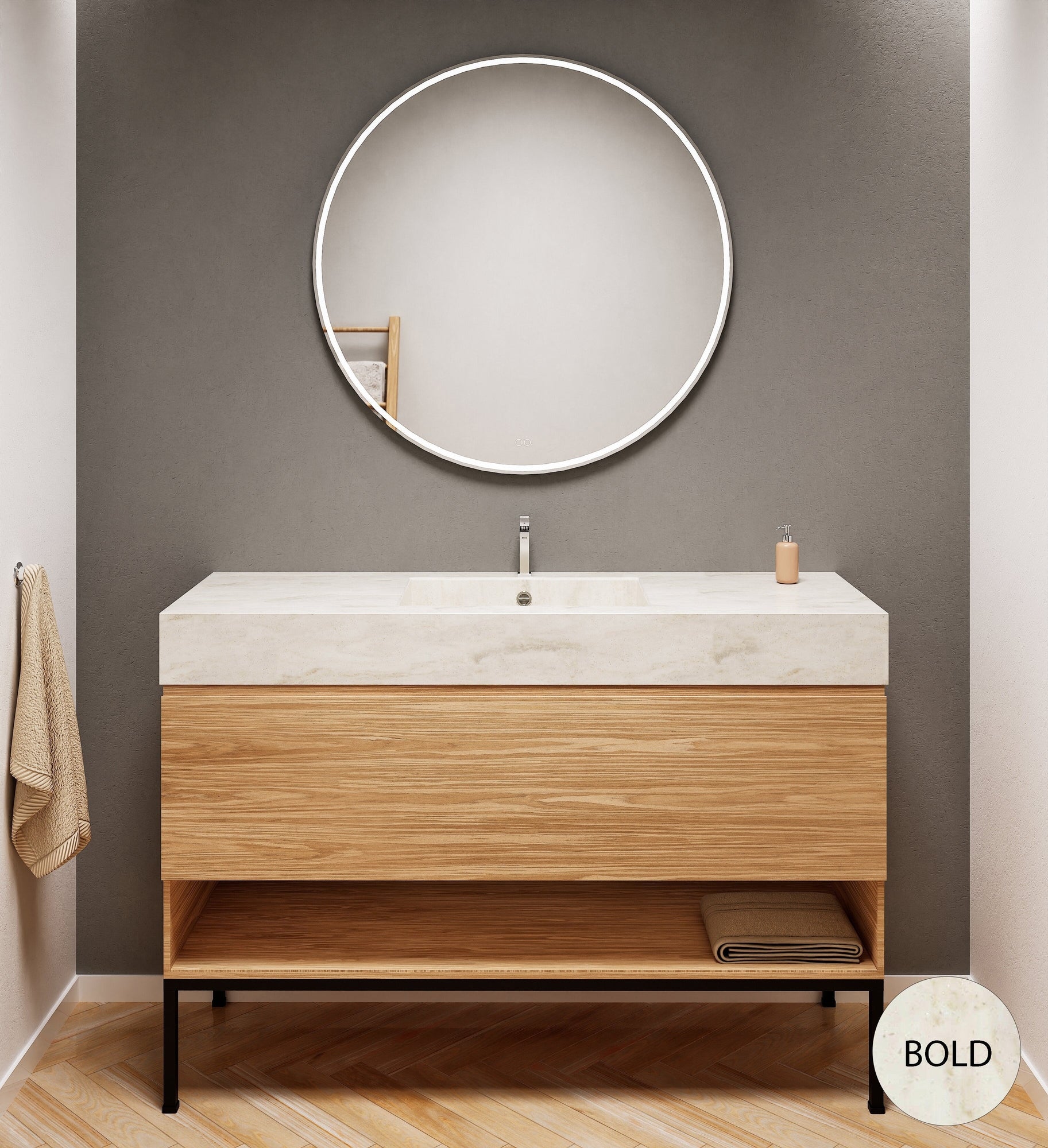 Aurora Single Set with Supporting Legs – Corian Basin & Countertop with 1 Drawer Vanity & Bottom Shelf - ROVALUX