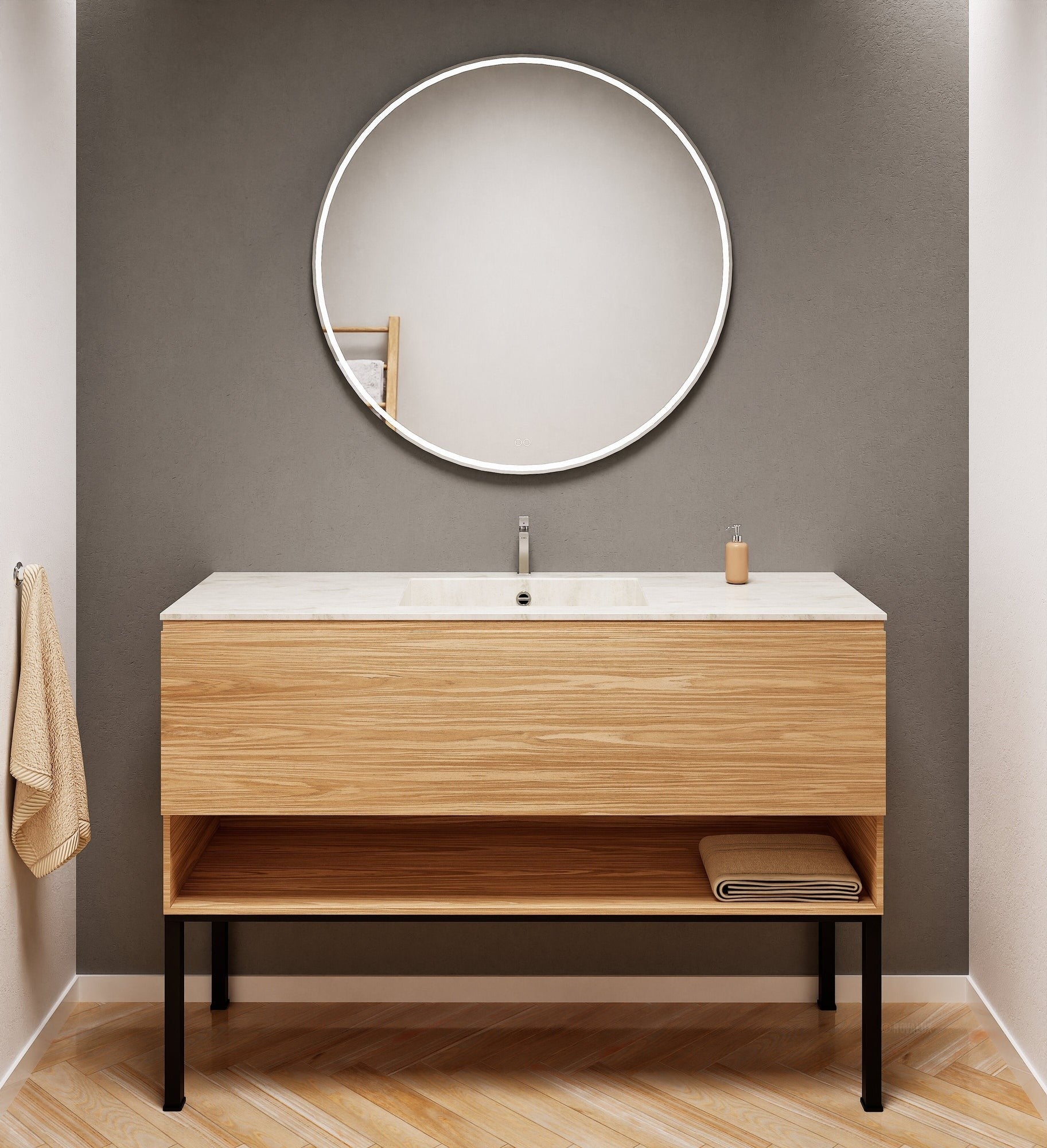 Aurora Single Set with Supporting Legs – Corian Basin & Countertop with 1 Drawer Vanity & Bottom Shelf - ROVALUX