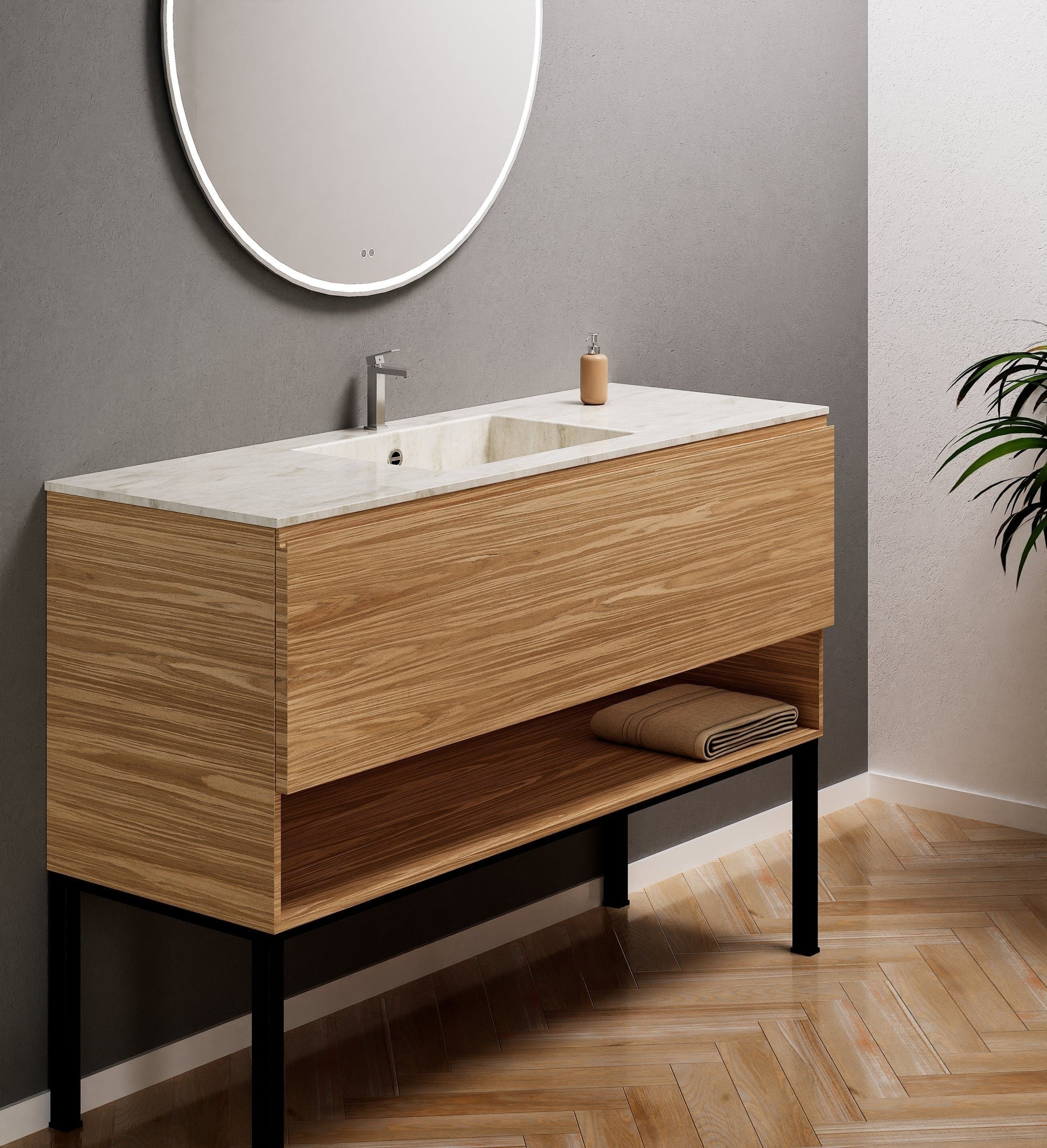 Aurora Single Set with Supporting Legs – Corian Basin & Countertop with 1 Drawer Vanity & Bottom Shelf - ROVALUX
