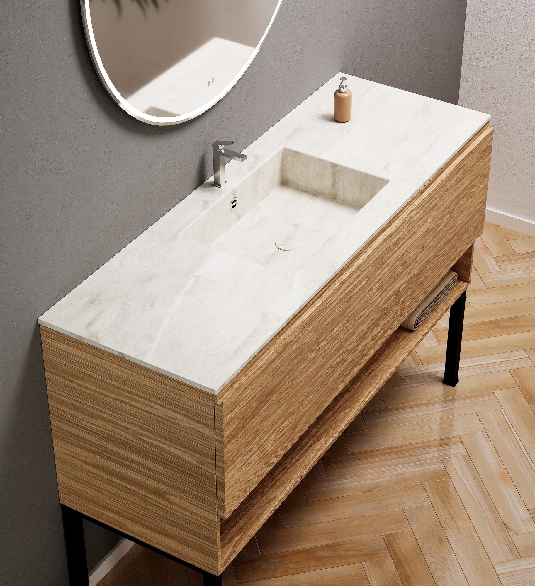 Aurora Single Set with Supporting Legs – Corian Basin & Countertop with 1 Drawer Vanity & Bottom Shelf - ROVALUX
