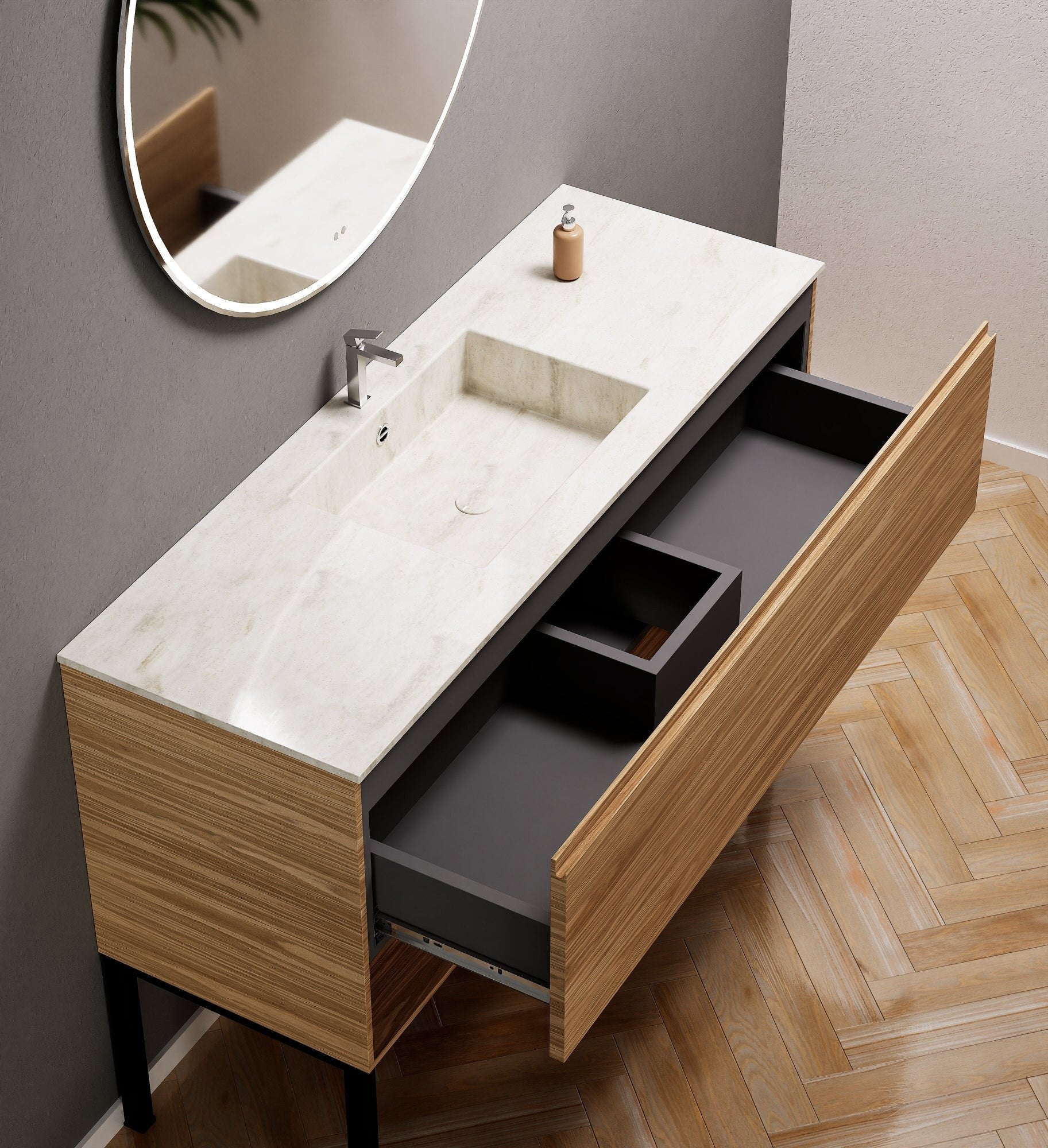 Aurora Single Set with Supporting Legs – Corian Basin & Countertop with 1 Drawer Vanity & Bottom Shelf - ROVALUX
