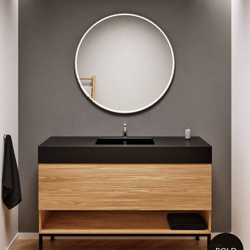 Aurora Single Set with Supporting Legs – Corian Basin & Countertop with 1 Drawer Vanity & Bottom Shelf - ROVALUX
