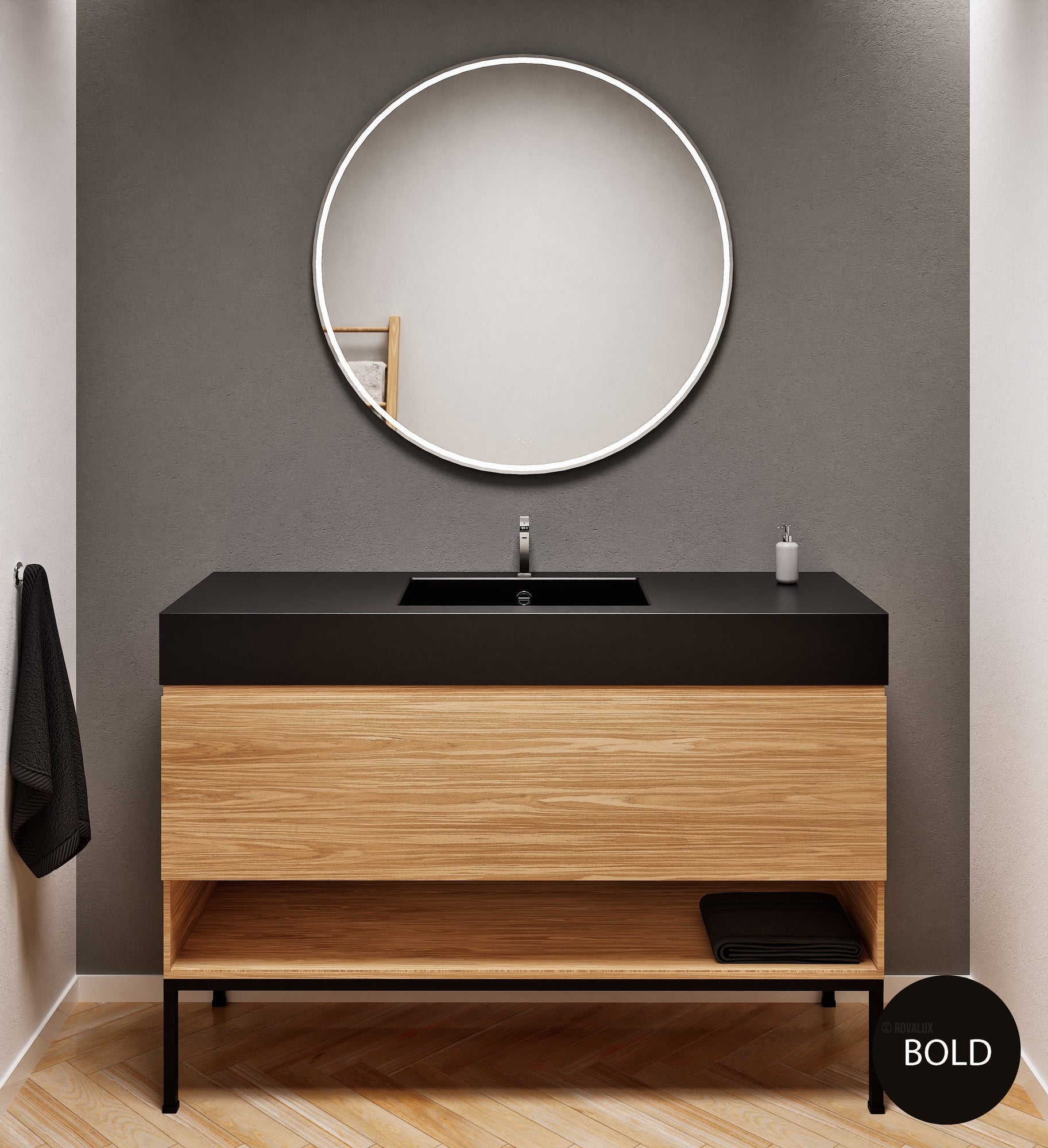 Aurora Single Set with Supporting Legs – Corian Basin & Countertop with 1 Drawer Vanity & Bottom Shelf - ROVALUX
