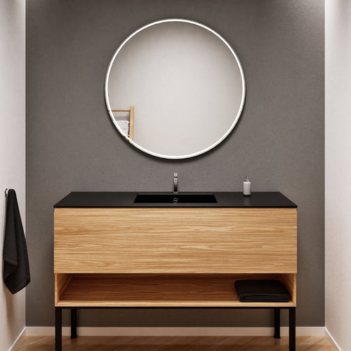 Aurora Single Set with Supporting Legs – Corian Basin & Countertop with 1 Drawer Vanity & Bottom Shelf - ROVALUX