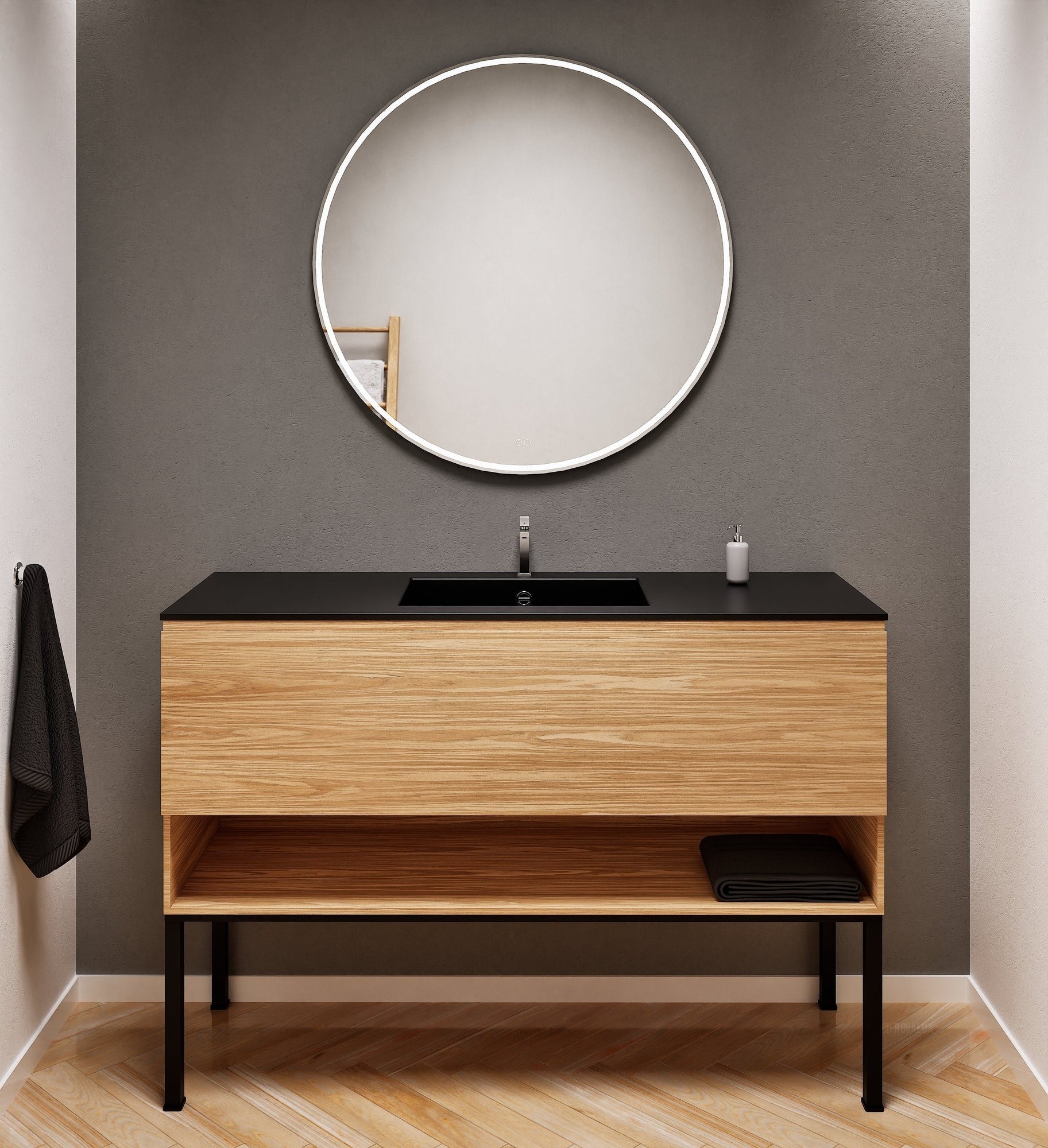Aurora Single Set with Supporting Legs – Corian Basin & Countertop with 1 Drawer Vanity & Bottom Shelf - ROVALUX