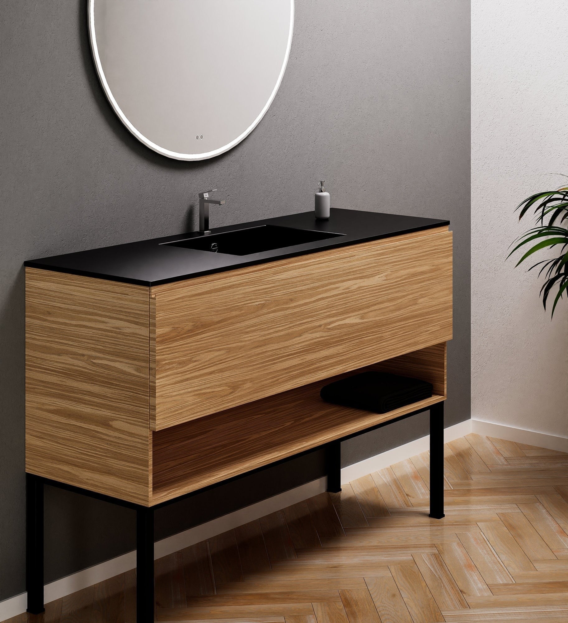 Aurora Single Set with Supporting Legs – Corian Basin & Countertop with 1 Drawer Vanity & Bottom Shelf - ROVALUX