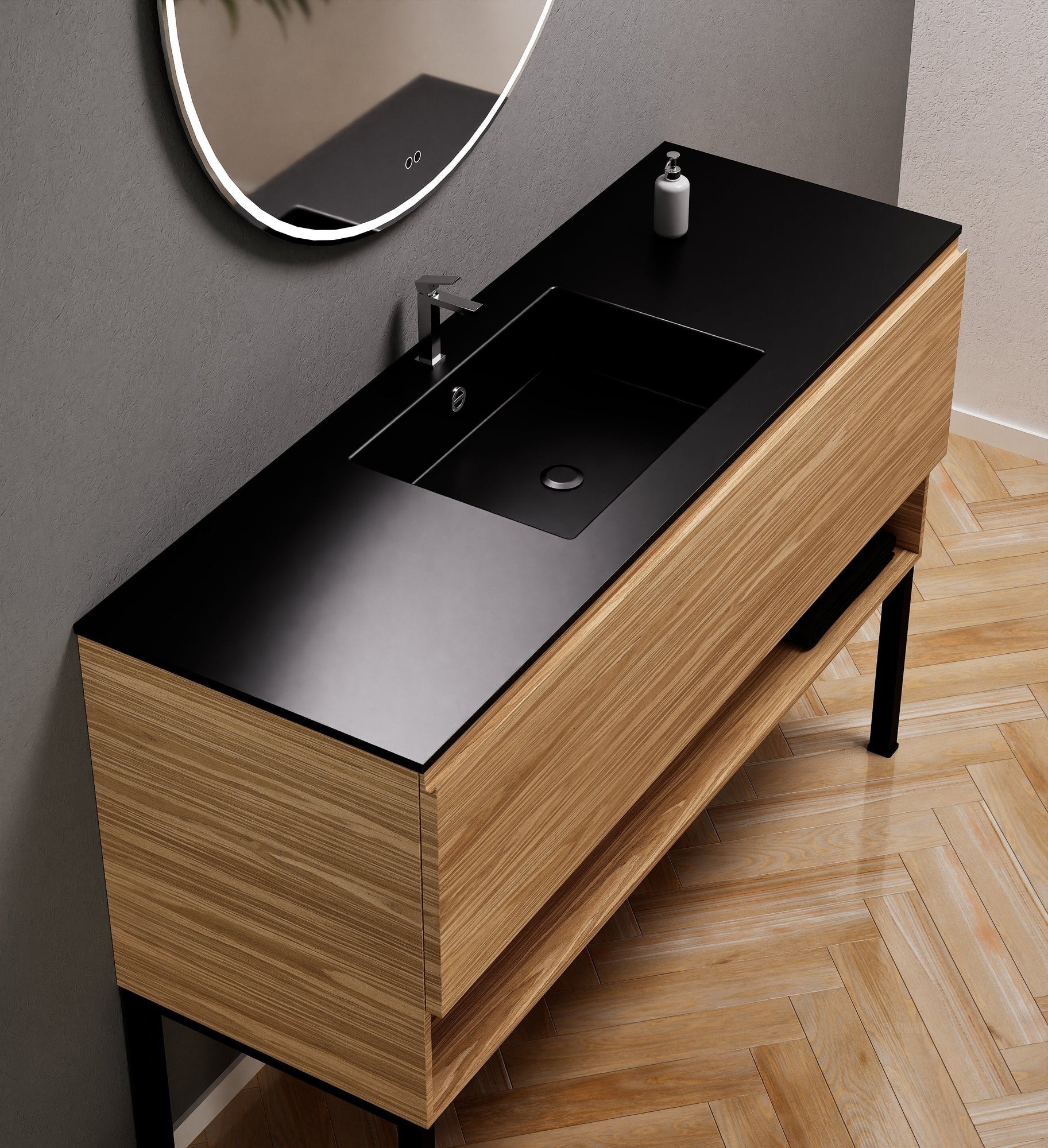 Aurora Single Set with Supporting Legs – Corian Basin & Countertop with 1 Drawer Vanity & Bottom Shelf - ROVALUX