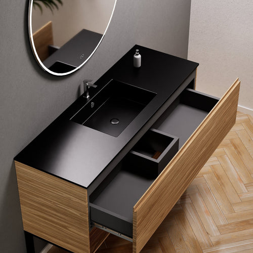 Aurora Single Set with Supporting Legs – Corian Basin & Countertop with 1 Drawer Vanity & Bottom Shelf - ROVALUX