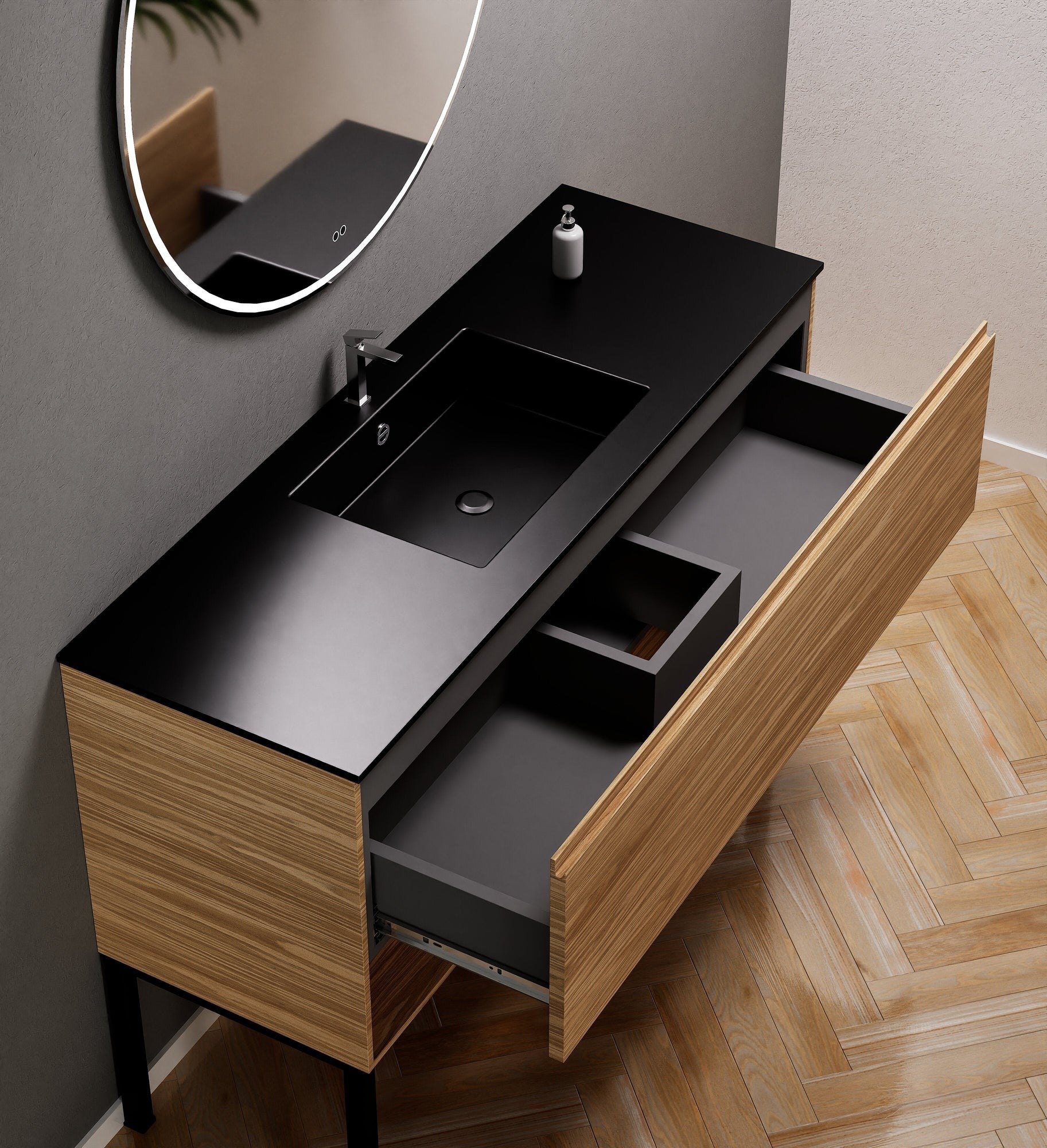 Aurora Single Set with Supporting Legs – Corian Basin & Countertop with 1 Drawer Vanity & Bottom Shelf - ROVALUX