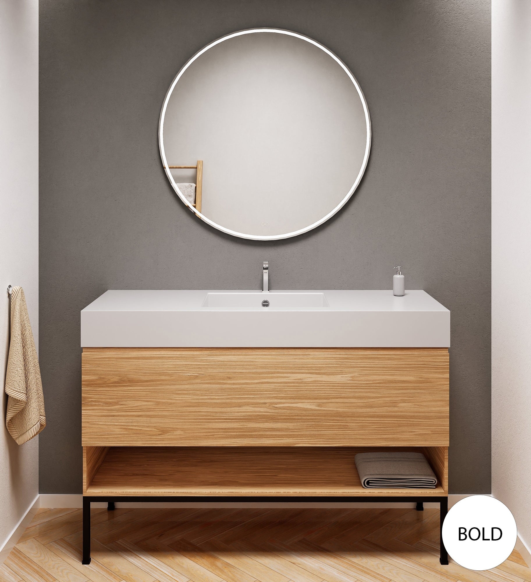 Aurora Single Set with Supporting Legs – Corian Basin & Countertop with 1 Drawer Vanity & Bottom Shelf - ROVALUX
