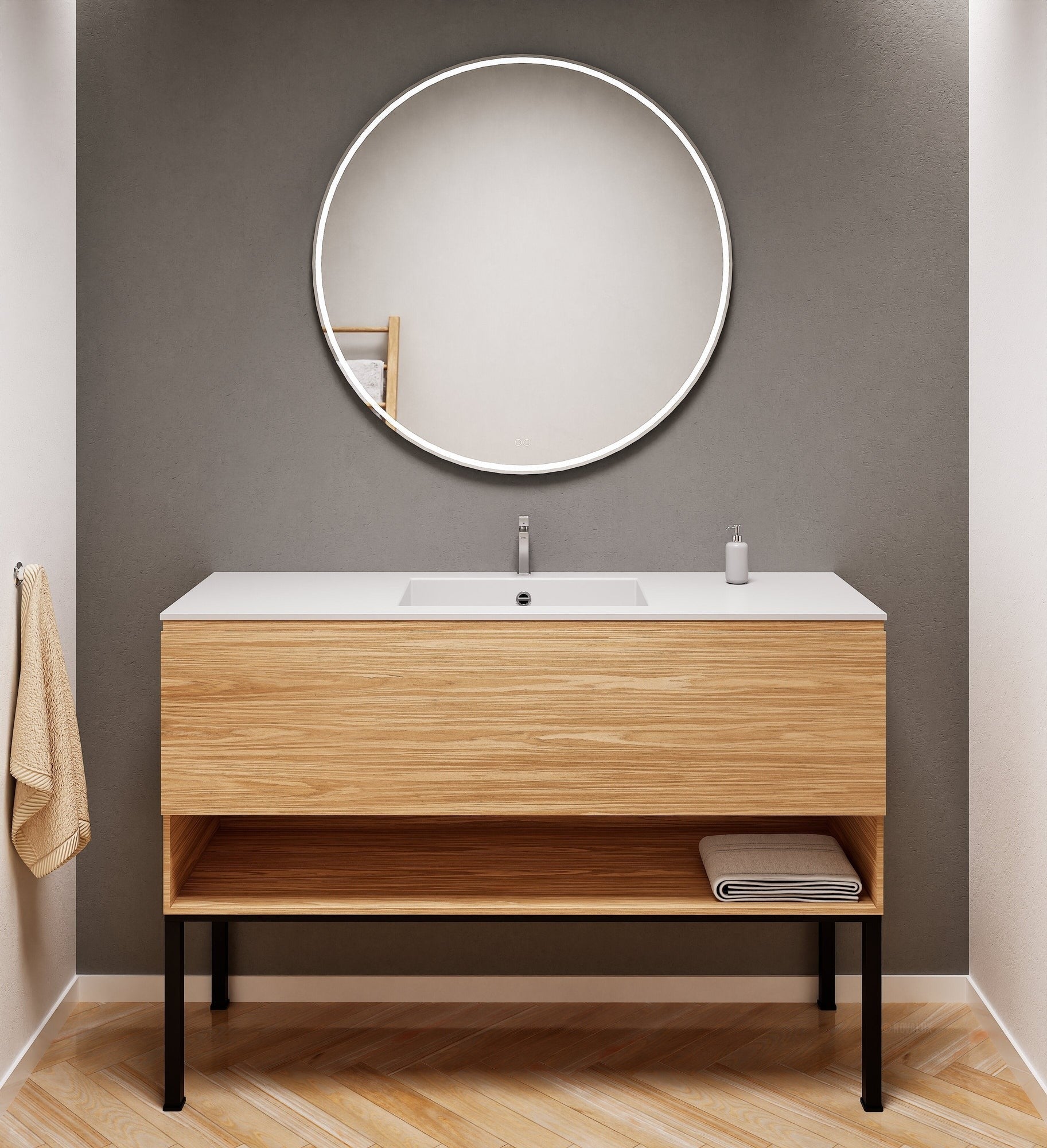 Aurora Single Set with Supporting Legs – Corian Basin & Countertop with 1 Drawer Vanity & Bottom Shelf - ROVALUX