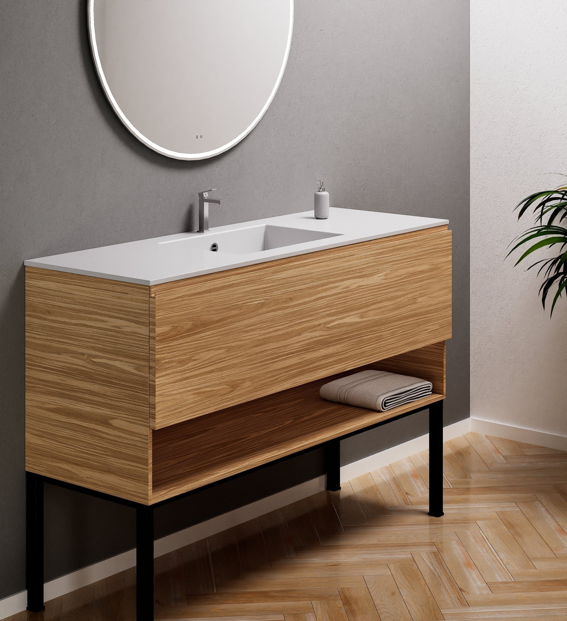 Aurora Single Set with Supporting Legs – Corian Basin & Countertop with 1 Drawer Vanity & Bottom Shelf - ROVALUX