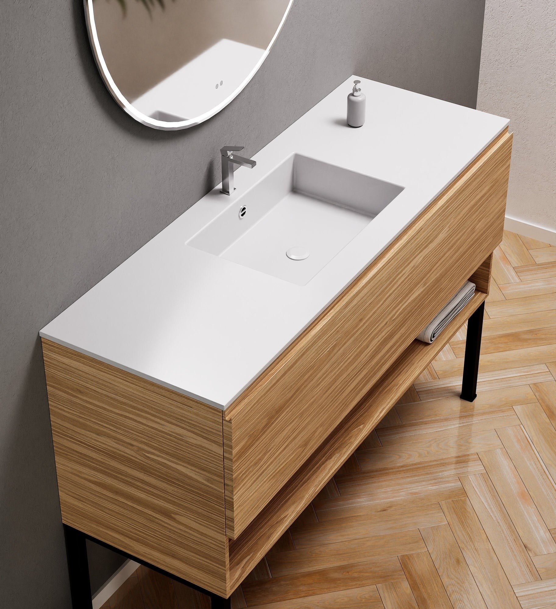 Aurora Single Set with Supporting Legs – Corian Basin & Countertop with 1 Drawer Vanity & Bottom Shelf - ROVALUX