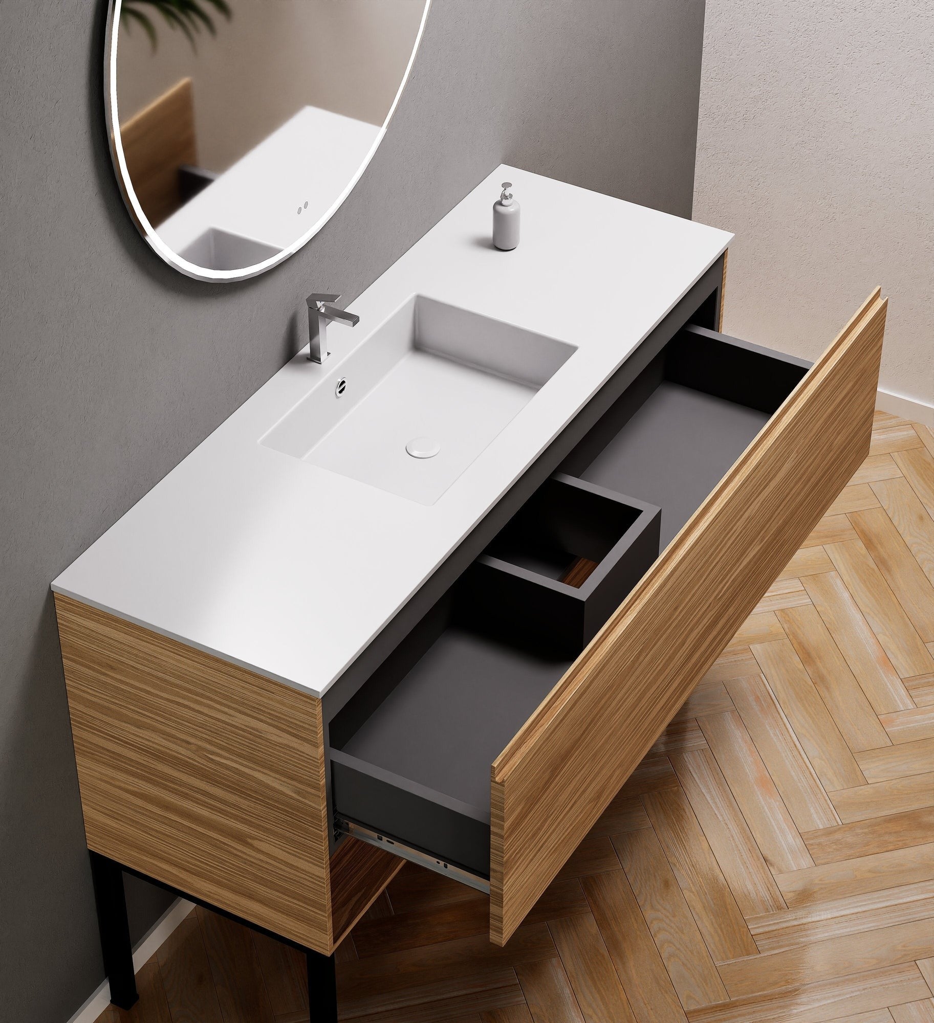 Aurora Single Set with Supporting Legs – Corian Basin & Countertop with 1 Drawer Vanity & Bottom Shelf - ROVALUX
