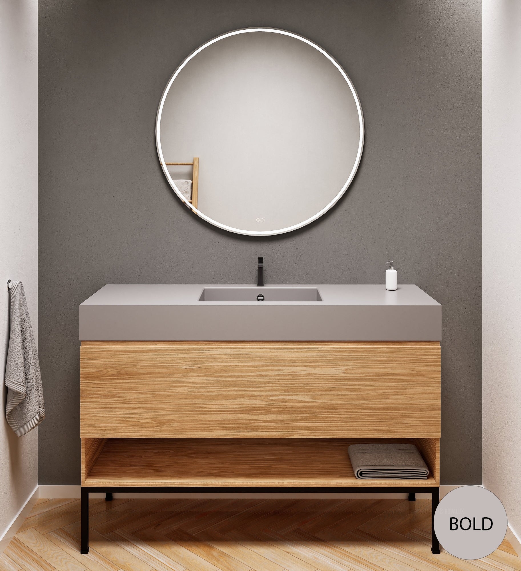 Aurora Single Set with Supporting Legs – Corian Basin & Countertop with 1 Drawer Vanity & Bottom Shelf - ROVALUX