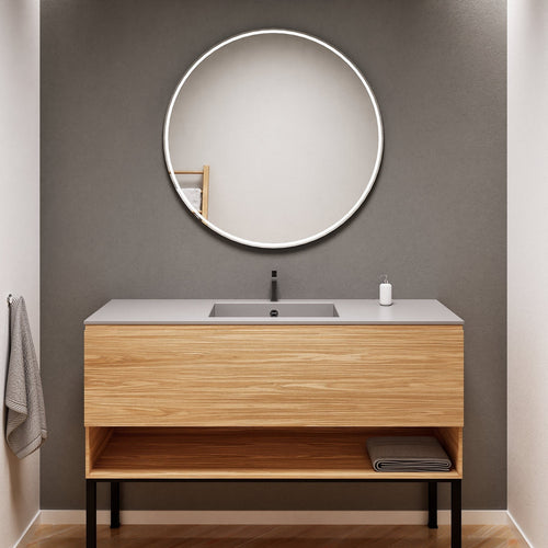 Aurora Single Set with Supporting Legs – Corian Basin & Countertop with 1 Drawer Vanity & Bottom Shelf - ROVALUX