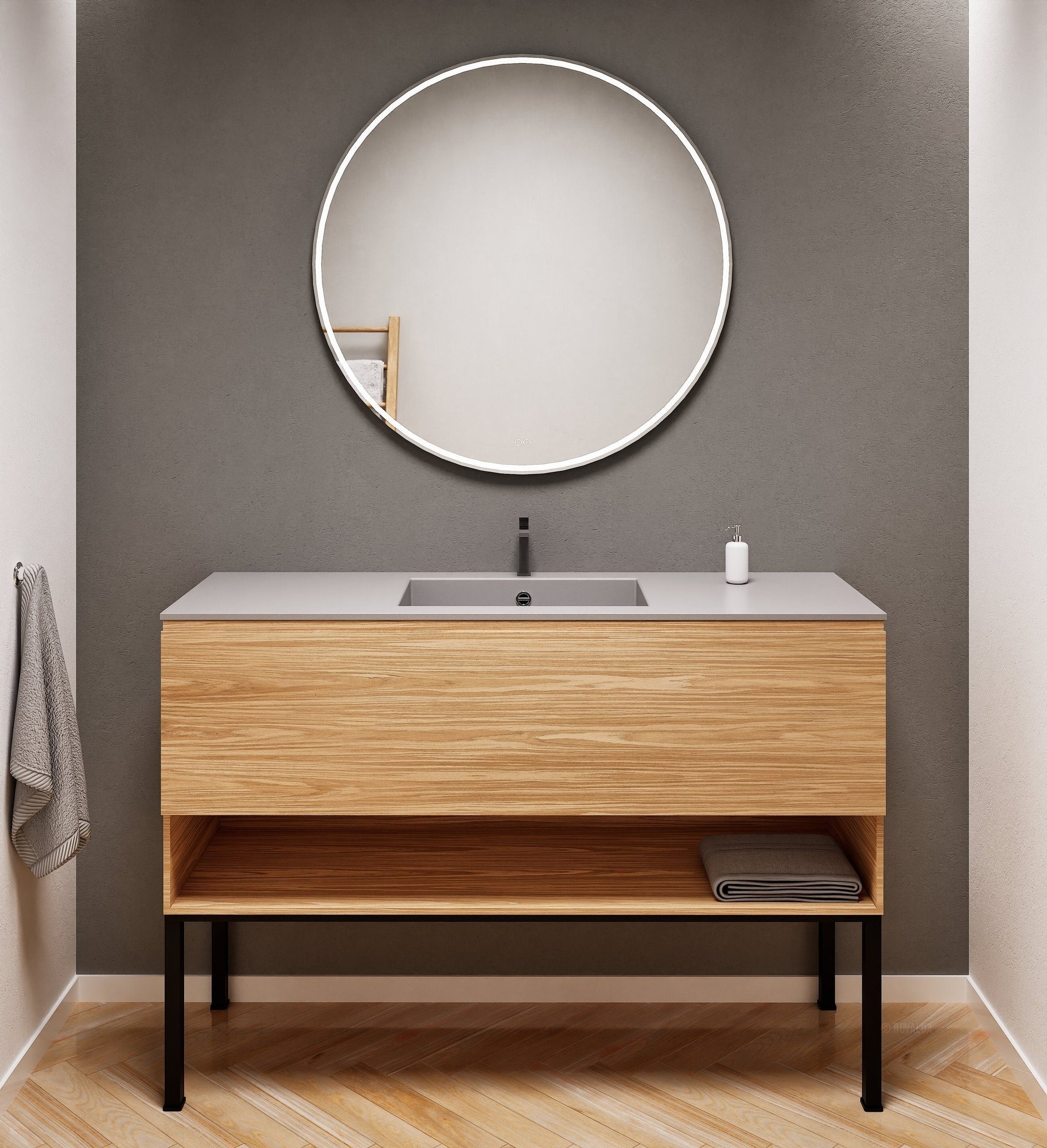 Aurora Single Set with Supporting Legs – Corian Basin & Countertop with 1 Drawer Vanity & Bottom Shelf - ROVALUX