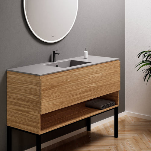 Aurora Single Set with Supporting Legs – Corian Basin & Countertop with 1 Drawer Vanity & Bottom Shelf - ROVALUX
