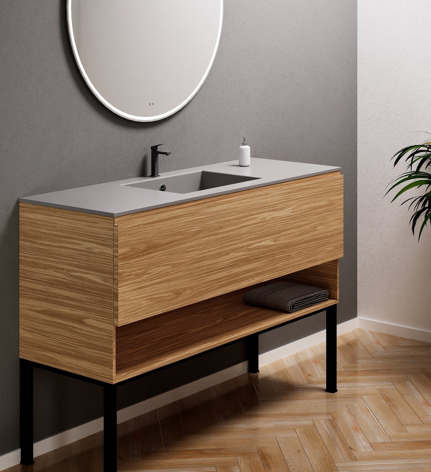Aurora Single Set with Supporting Legs – Corian Basin & Countertop with 1 Drawer Vanity & Bottom Shelf - ROVALUX