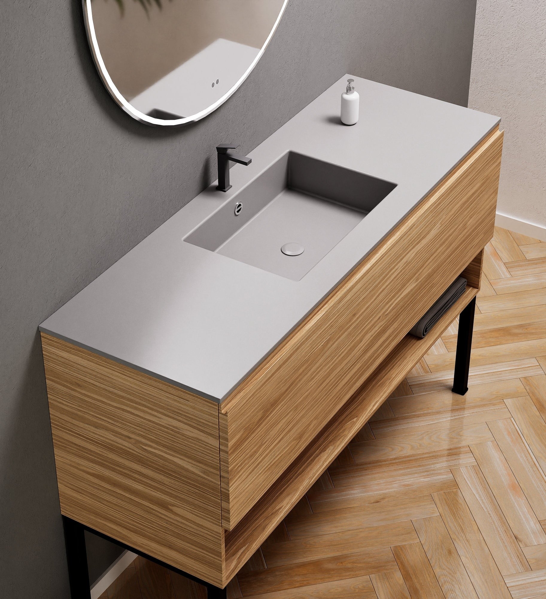 Aurora Single Set with Supporting Legs – Corian Basin & Countertop with 1 Drawer Vanity & Bottom Shelf - ROVALUX